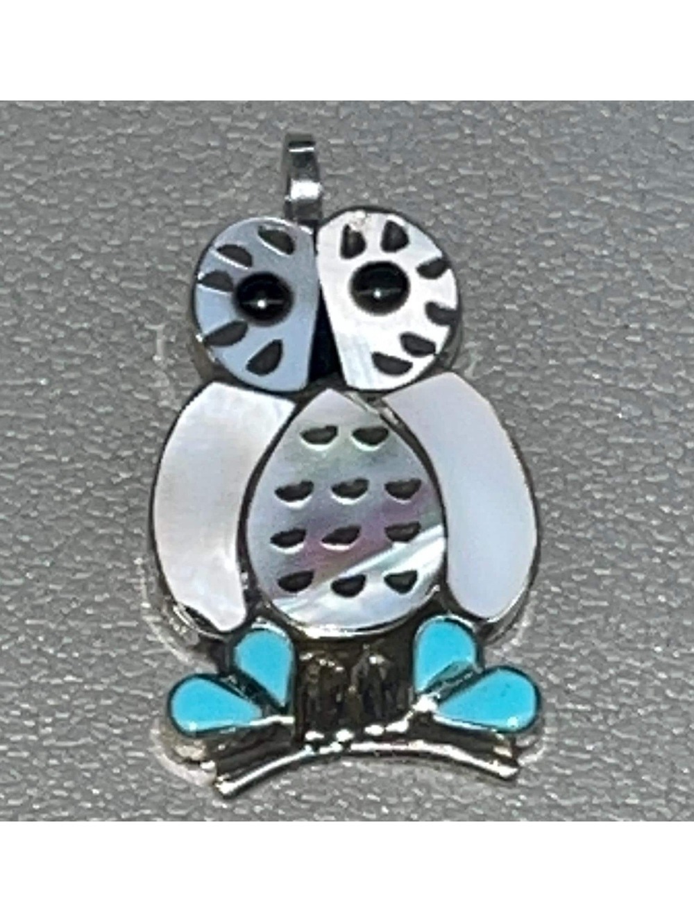 Native American Zuni hand sterling silver mother of pearl turquoise owl pendant